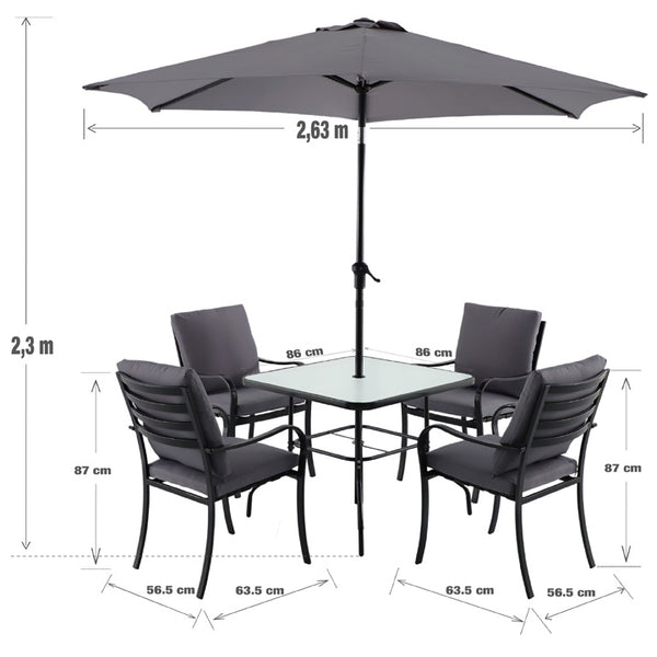 Naterial Set de Comedor: Mesa Cuadrada +4 Sillas con Cojines+ Sombrilla de Acero, Modelo Rono