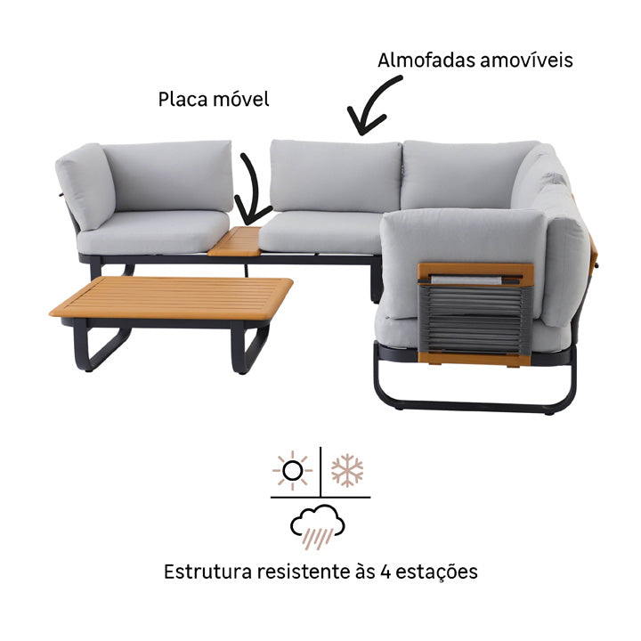Naterial Set de Sala Muebles de Jardín: Sofá Esquinero + 1 mesa con cojines, Estructura de Aluminio para Exterior, Modelo Calypso