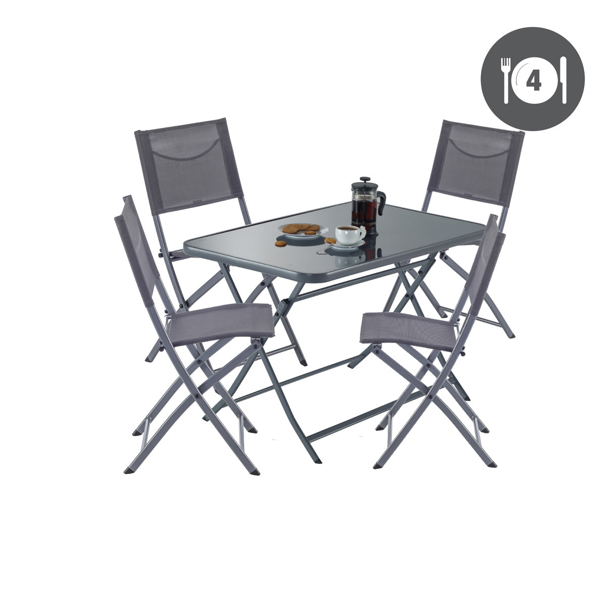 Naterial Set de Comedor: Mesa + 4 Sillas Plegables con Descansabrazos de Acero Aptas para Exterior, Modelo Emys