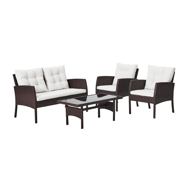 Naterial Set de Jardín : Sofá de Dos Plazas Tipo Ratán + Dos Sillas Individuales Tipo Ratán + Una Mesa de Centro con Cubierta de Vidrio, Modelo Amos