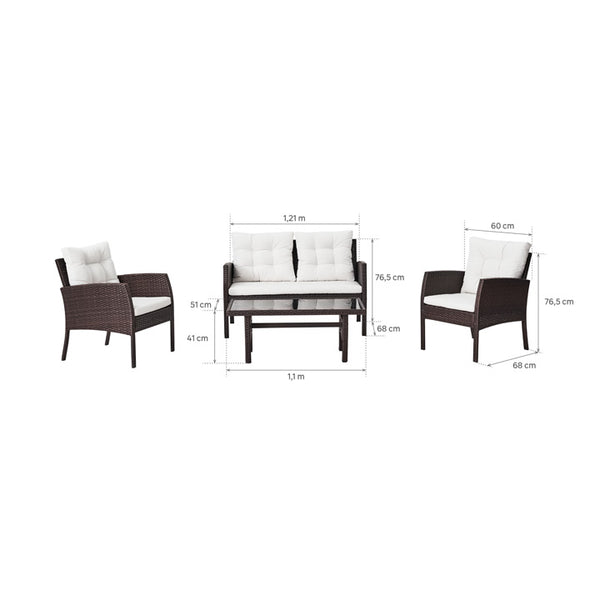 Naterial Set de Jardín : Sofá de Dos Plazas Tipo Ratán + Dos Sillas Individuales Tipo Ratán + Una Mesa de Centro con Cubierta de Vidrio, Modelo Amos