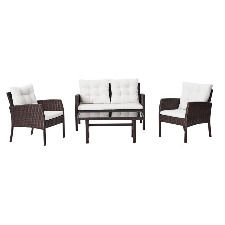 Naterial Set de Jardín : Sofá de Dos Plazas Tipo Ratán + Dos Sillas Individuales Tipo Ratán + Una Mesa de Centro con Cubierta de Vidrio, Modelo Amos