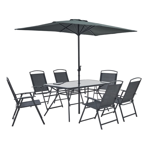 Naterial Set de Comedor 6 Sillas Plegables + Mesa + 1 Sombrilla de Acero para Exterior, Modelo Doma