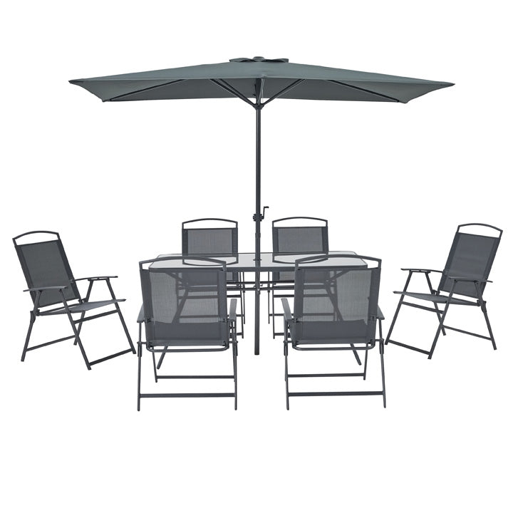 Naterial Set de 6 Sillas Plegables + Mesa + 1 Sombrilla de Acero para Exterior, Modelo Doma