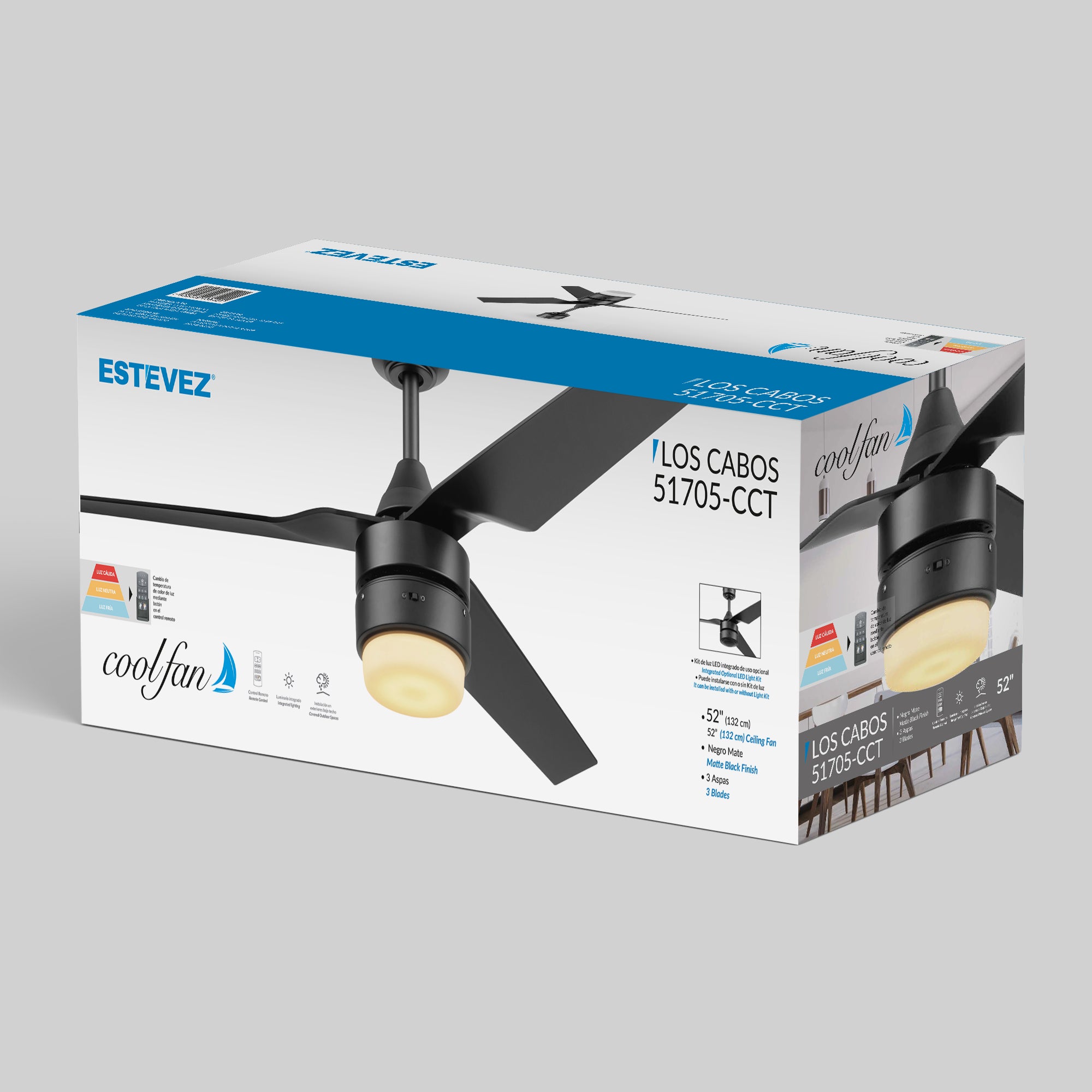 Coolfan Ventilador de Techo de 52" con Luz LED y 3 Aspas Plásticas con Control Remoto para Interior y Exterior, Modelo Los Cabos CCT