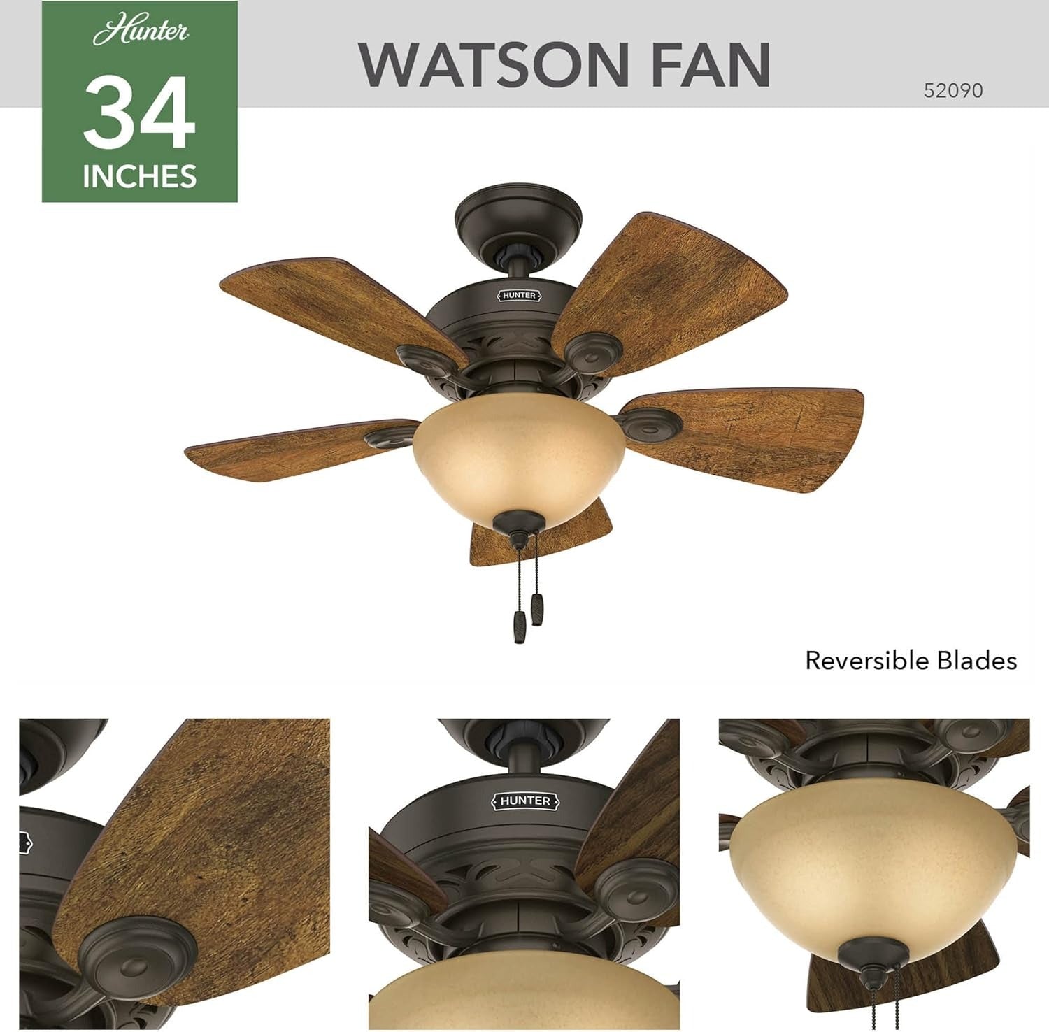 Hunter Ventilador de Techo con Luz de 34" con 5 Aspas Reversibles con Control de Cadena, Modelo  Watson 52090