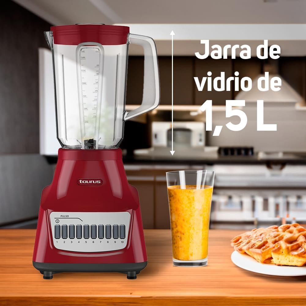 Taurus Licuadora con Vaso de Vidrio 1.5L 750W con 10 Velocidades, Modelo Potenza Rouge