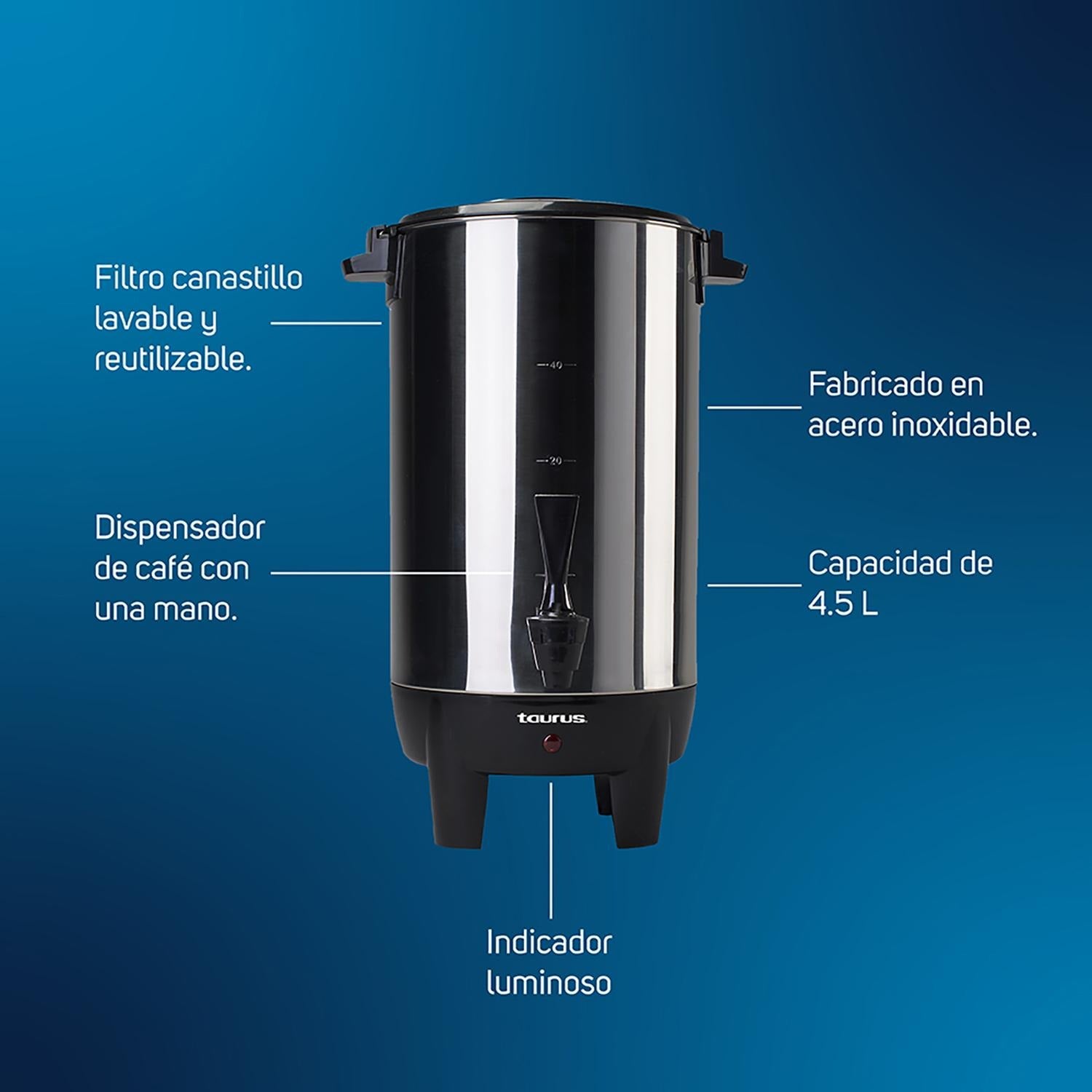 Taurus Cafetera Percoladora de 4.5L Acero Inoxidable, Modelo Columba