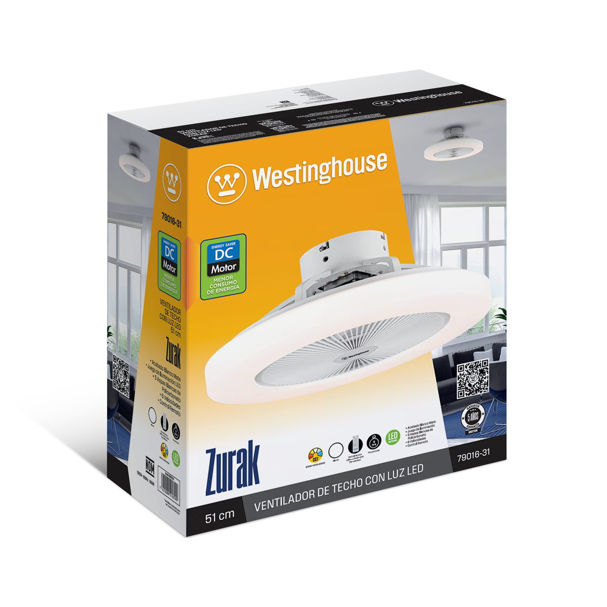 Westinghouse Ventilador de Techo Zurak 20” con LED Integrado y Blancos Dinámicos, Blanco, Modelo 79016