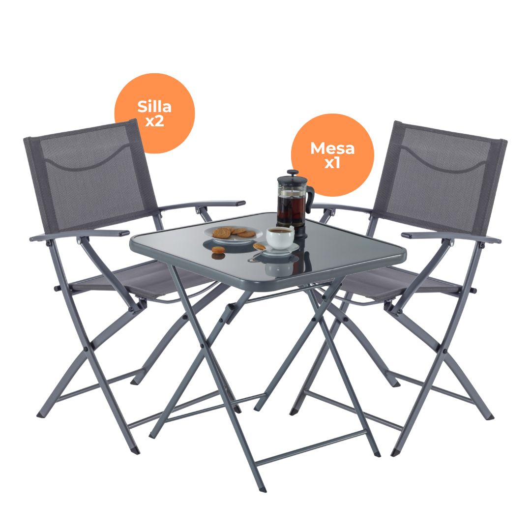 Naterial Set de Comedor: Mesa + 2 Sillas Plegables con Descansabrazos de Acero Aptas para Exterior, Modelo Emys