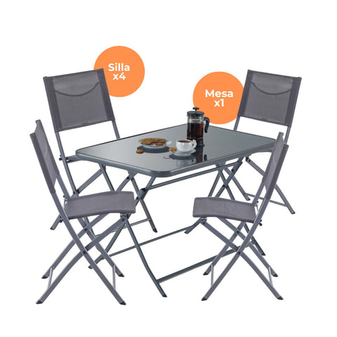 Naterial Set de Comedor: Mesa+ 4 Sillas Plegables de Acero Apta para Exterior, Modelo Emys