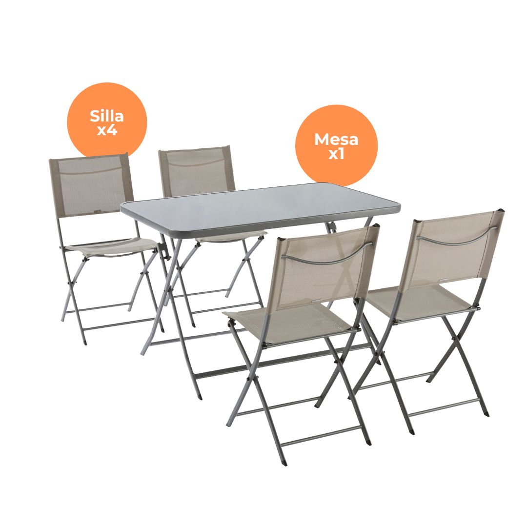 Naterial Set de Comedor: Mesa+ 4 Sillas Plegables de Acero Apta para Exterior, Modelo Emys