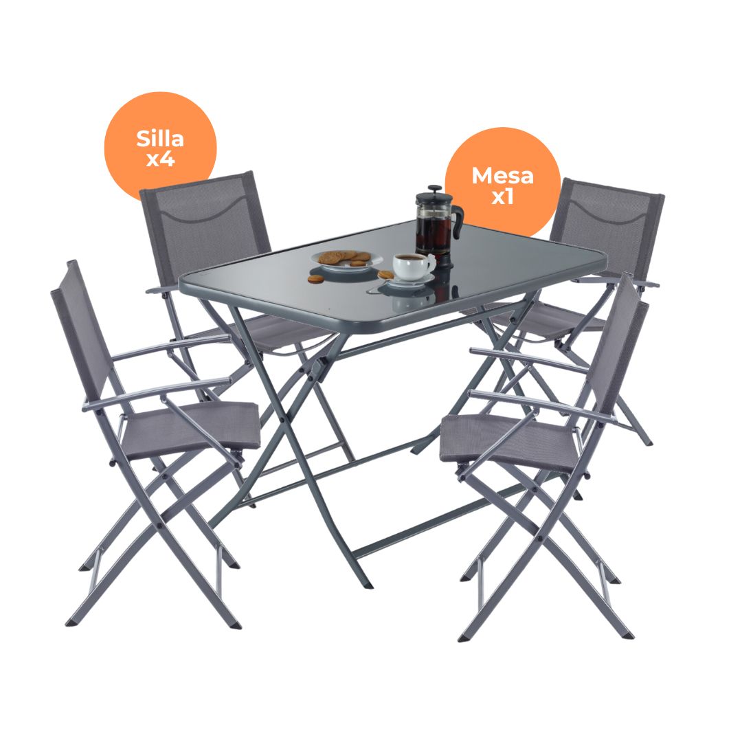 Naterial Set de Comedor: Mesa + 4 Sillas Plegables con Descansabrazos de Acero Aptas para Exterior, Modelo Emys