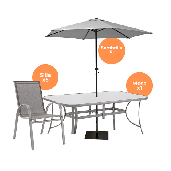 Naterial Set de Comedor: Mesa + 6 Sillas + Sombrilla para Jardín  Apta para Exterior, Modelo Alma