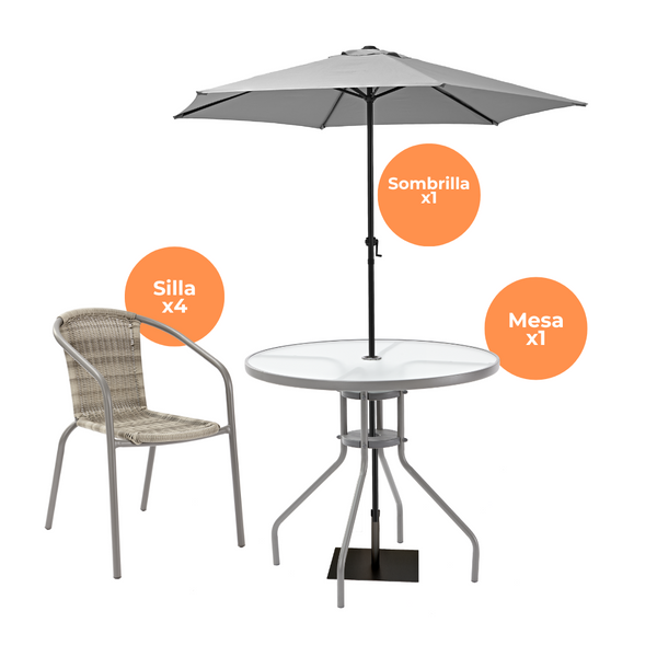 Naterial Set de Comedor: Mesa + 4 Sillas + Sombrilla para Jardín Tipo Ratán Apta para Exterior, Modelo Elías