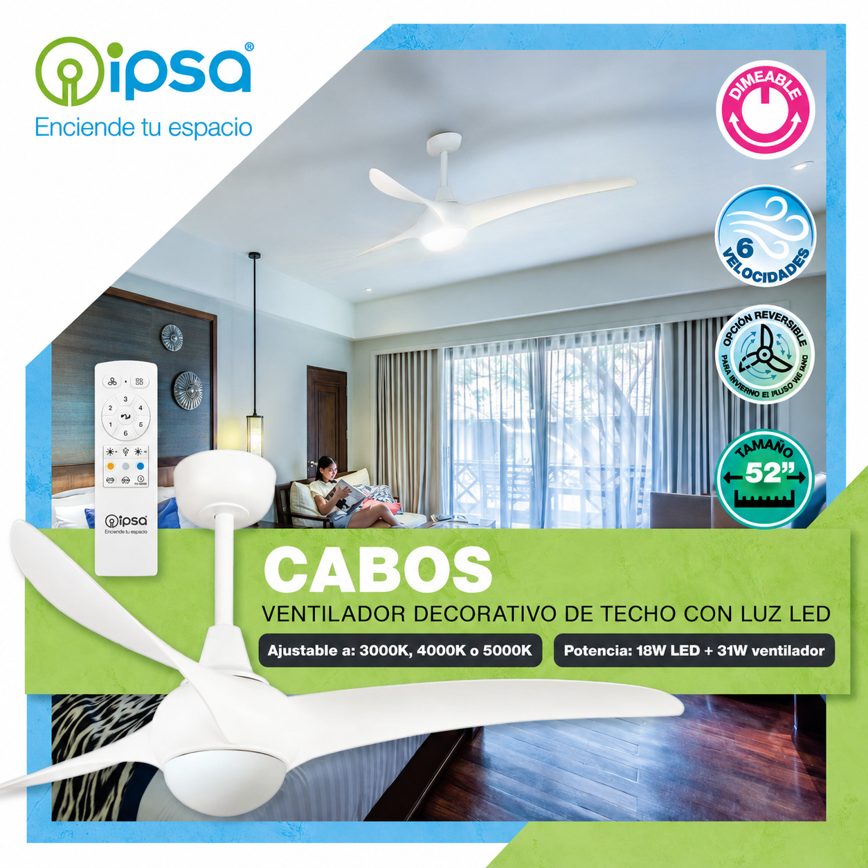 Ipsa Ventilador de Techo 52" de 3 Aspas con Luz y Control Remoto CCT, Modelo Cabos