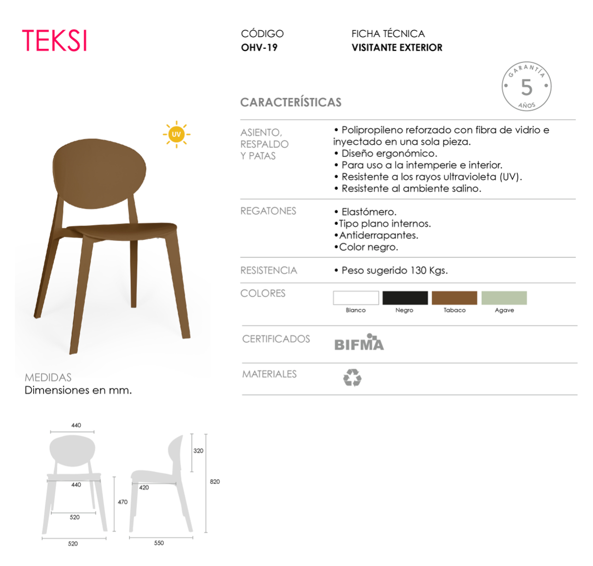 Offiho Set de 4 Sillas Para Restaurante Resistentes Para Exterior e Interior con Protección UV, Modelo TEKSI OHV-19