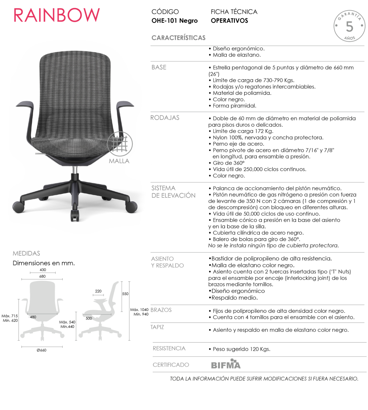 Offiho Silla de Escritorio Ergonómica Reclinable con Altura Ajustable, Modelo Rainbow OHE-101