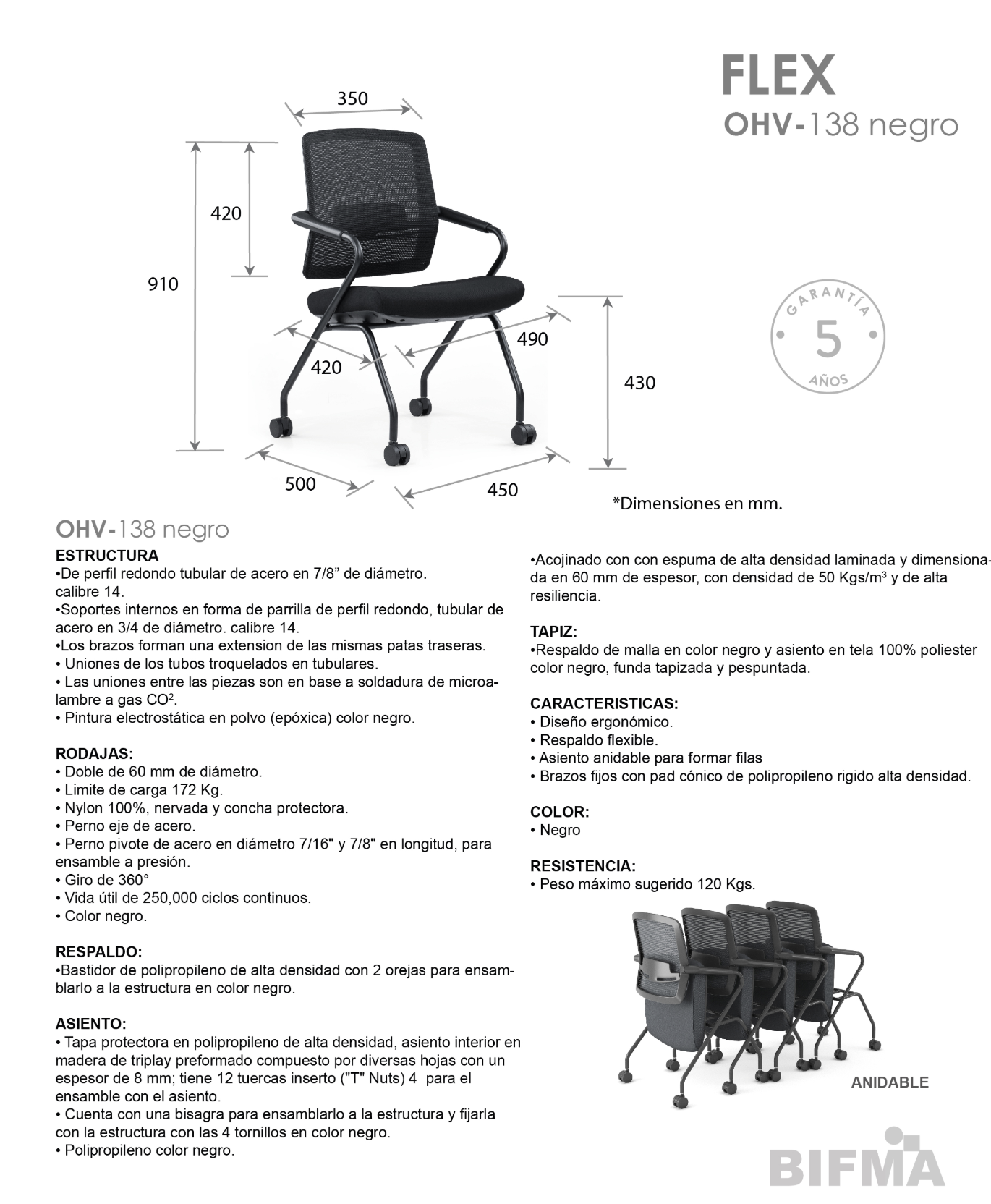 Offiho Set de 2 Silla para Visitas Ergónomica con Ruedas Plegable Anidable, Modelo OHV-138