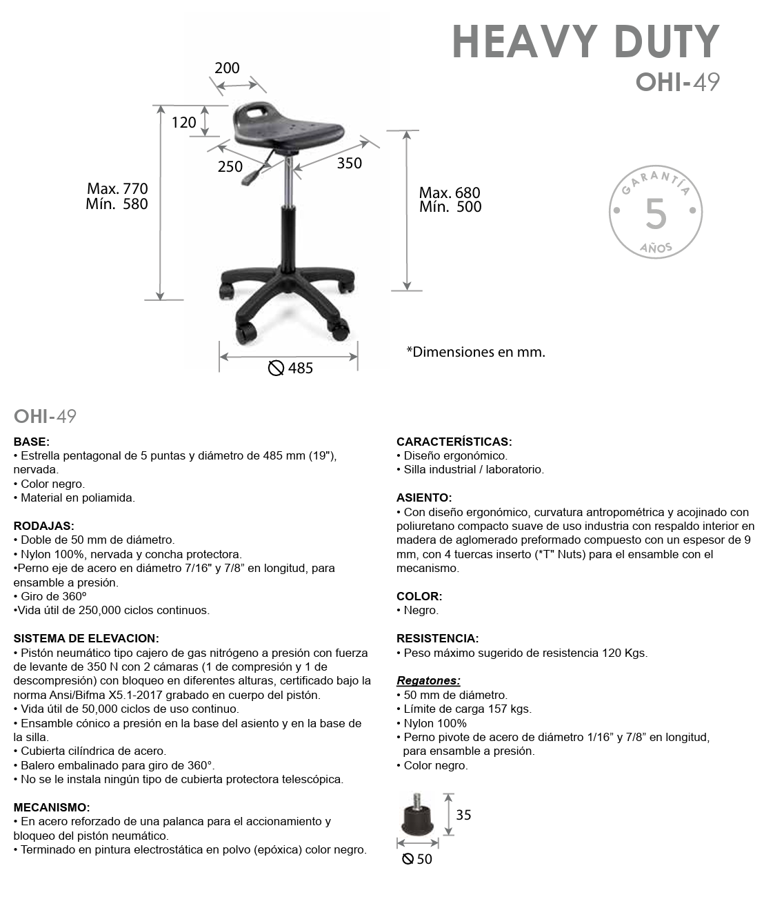 Offiho Banco Industrial Ergonómico con Altura Ajustable Resistente, Modelo OHI-49