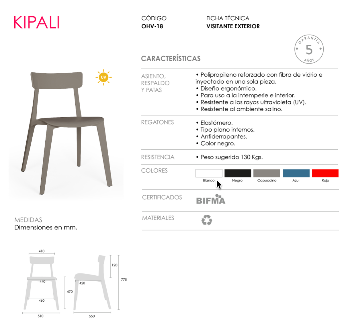 Offiho Set de 4 Sillas Para Restaurante Resistentes Para Exterior e Interior con Protección UV, Modelo Kipali OHV-18 (Copia)