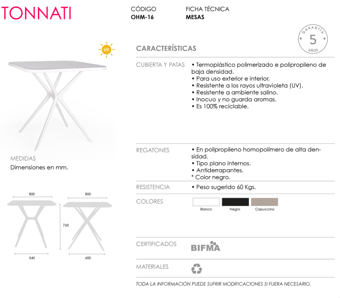 Offiho Set de  Mesa de Comedor con 4 Sillas de Polipropileno con Protección UV para Exterior, Modelo Tonnati OHM-16 + Kipali OHV-18