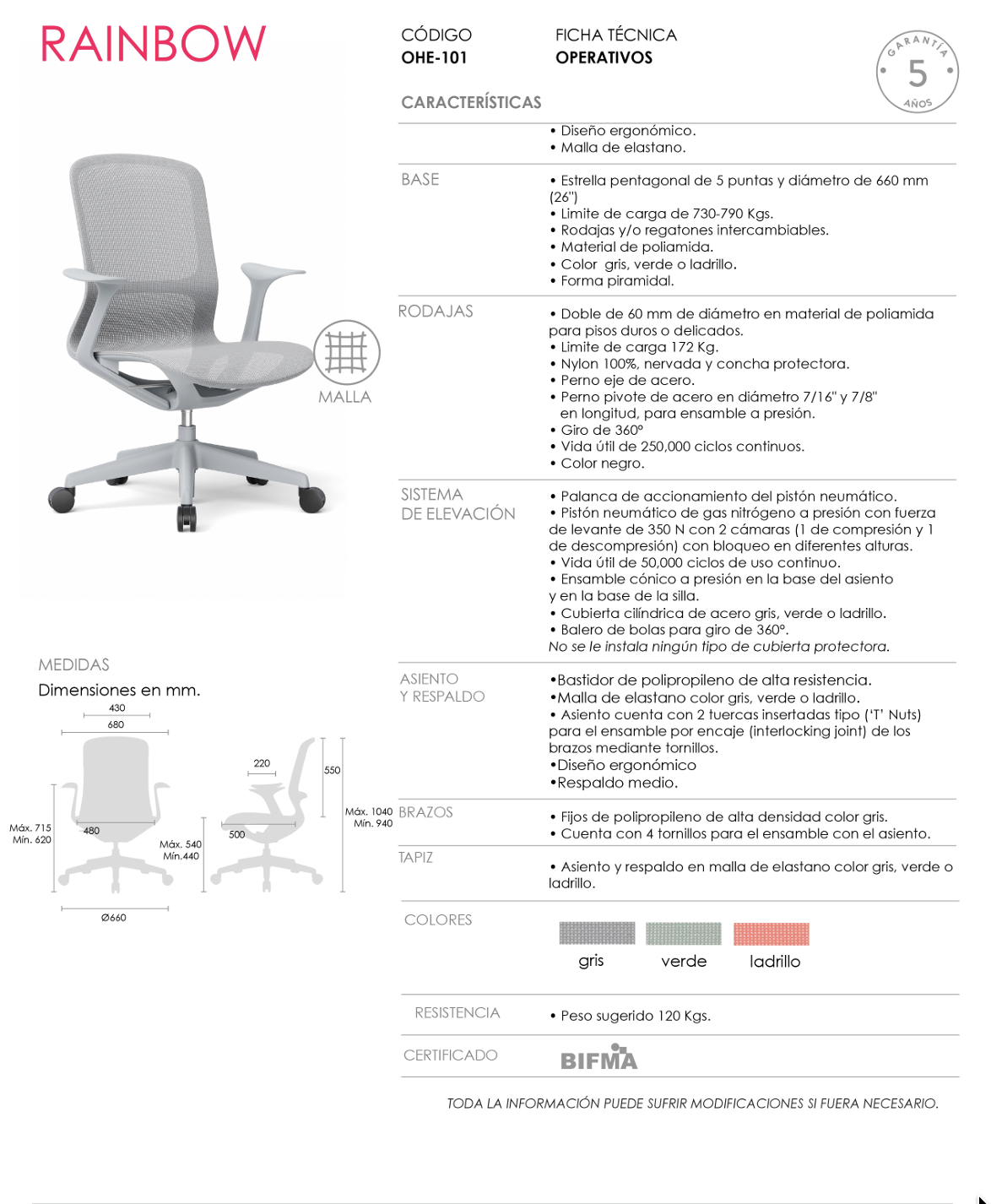 Offiho Silla de Escritorio Ergonómica Reclinable con Altura Ajustable, Modelo Rainbow OHE-101