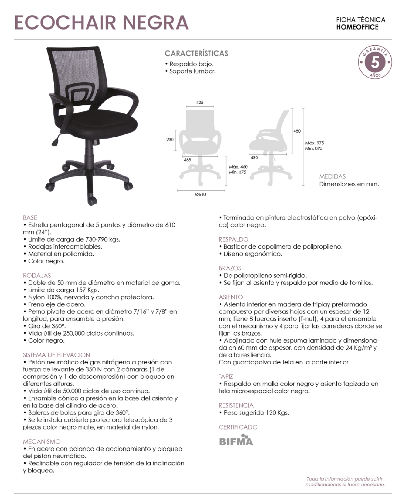 Offiho Silla de Oficina Ergonómica Reclinable con Altura Ajustable, Modelo Eco-Chair