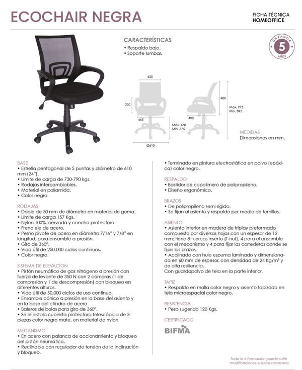 Offiho Silla de Oficina Ergonómica Reclinable con Altura Ajustable, Modelo Eco-Chair