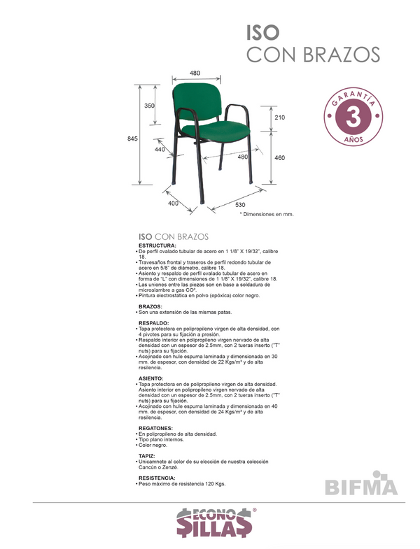 Offiho Silla de Oficina para Visita Tapizada con Descansabrazos con Estructura de Acero, Modelo ISOCONBRAZOS