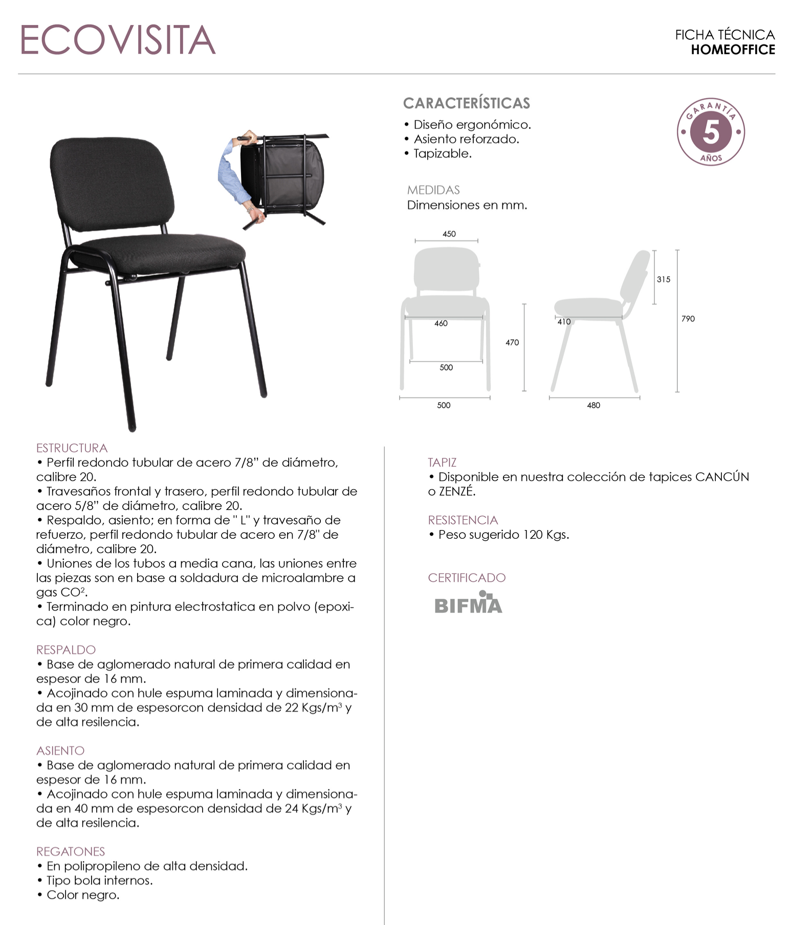 Offiho Set de 5 Sillas de Oficina para Visita Tapiz Personalizable con Estructura de Acero, Modelo ECOVISITA