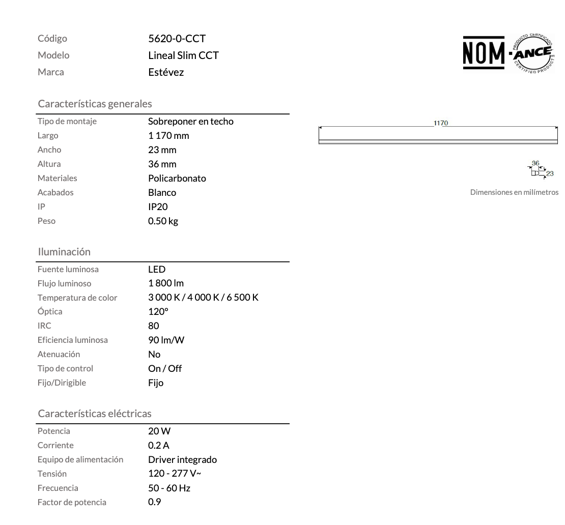 Estevez Luminario Lineal Slim CCT 16W, Modelo 5620-0-CCT