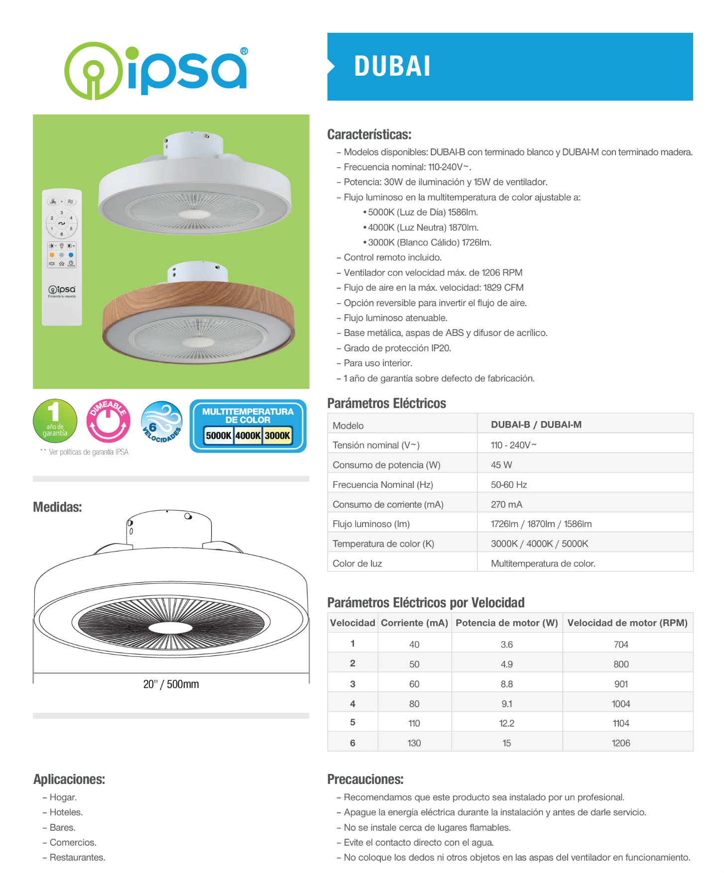 Ipsa Ventilador de Techo Moderno de 20" con Luz y Control Remoto Sin Aspas, Modelo Dubai