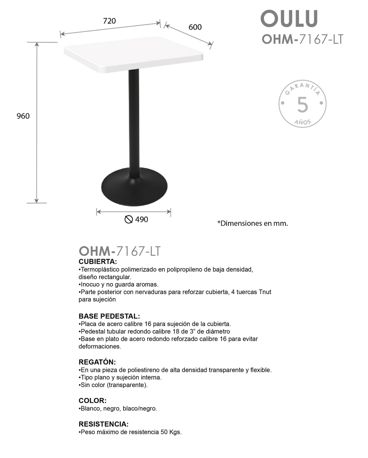Lagoon Mesa Alta  de 96cm Moderna Polipropileno con Patas de Acero, Apta para Interior y Exterior Techado, Modelo Oulu 7167LT