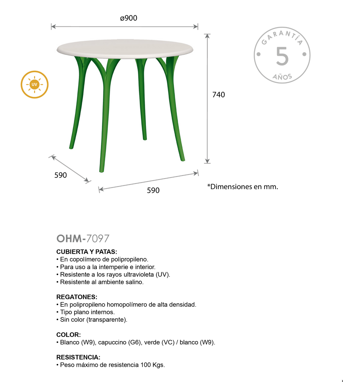 Lagoon Mesa de Comedor Apta para Interior y Exterior Techado, Modelo Chloe Garden 7097