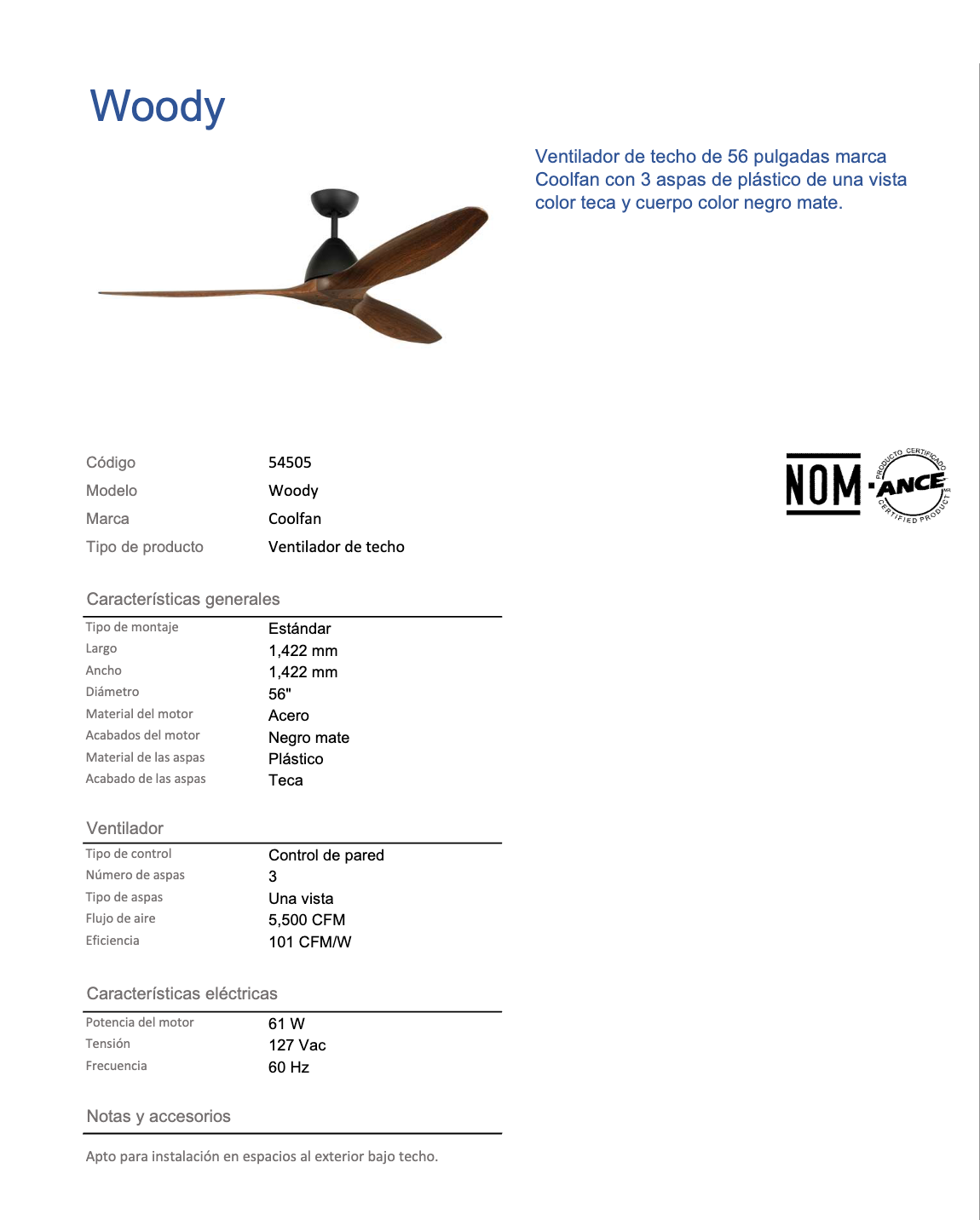 Coolfan Ventilador de Techo 56" con 3 Aspas de Plástico con Acabado de Madera para Exterior, Modelo Woody