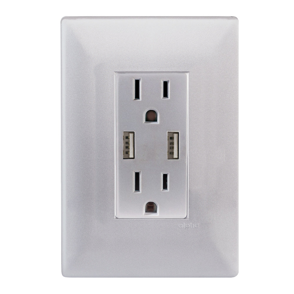 Estevez Contacto Dúplex 2P + T con 2 Tomas Cargador USB c/ Placa Alpha, Modelo E90330
