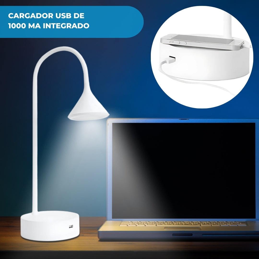 Estevez Lámpara LED de Escritorio, Luz Cálida 3000K, Portátil Recargable con Cargador Celular Integrado, Modelo EDE-0271-NEG
