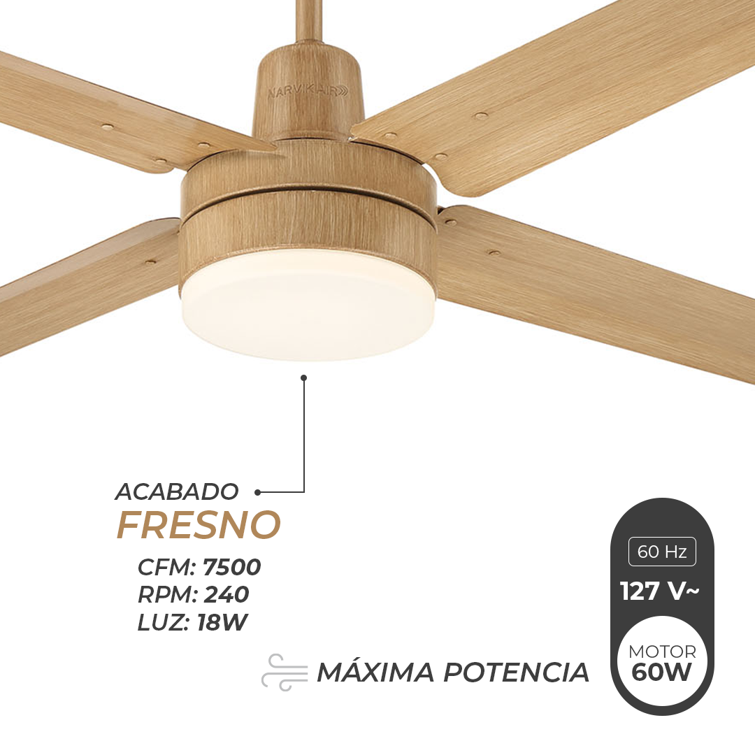 Narvik Ventilador de Techo Con Luz de 56"  4 Aspas de Aluminio con Acabado de Madera Control de Pared, Modelo NA3023