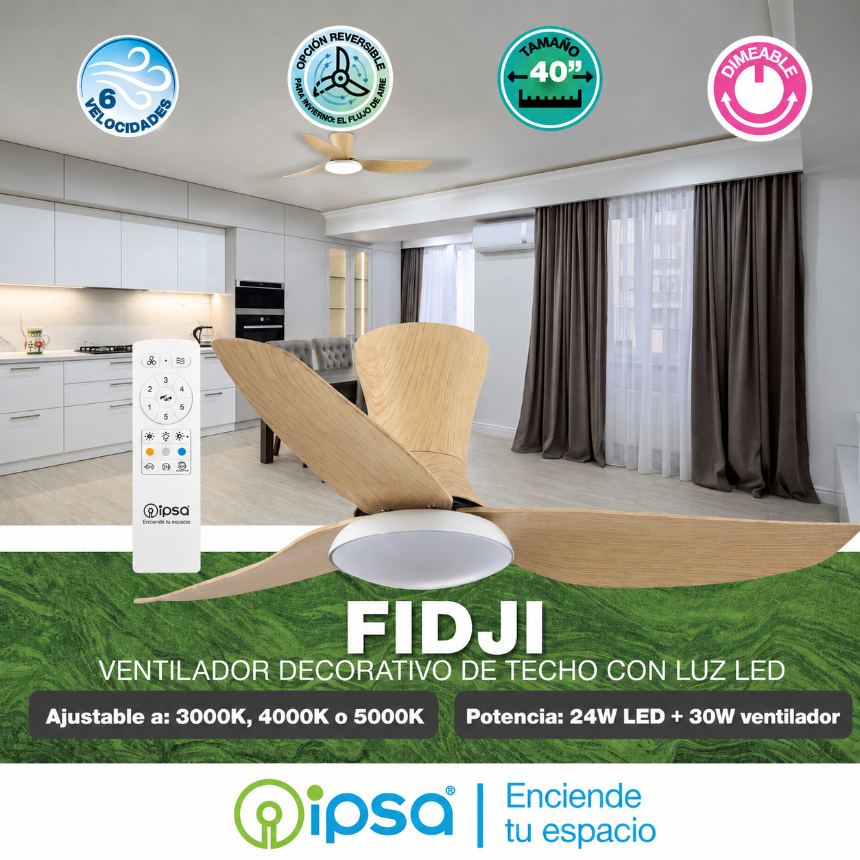 Ipsa Ventilador de Techo de 52" de 3 Aspas con Luz CCT y control Remoto, Modelo FIDJI