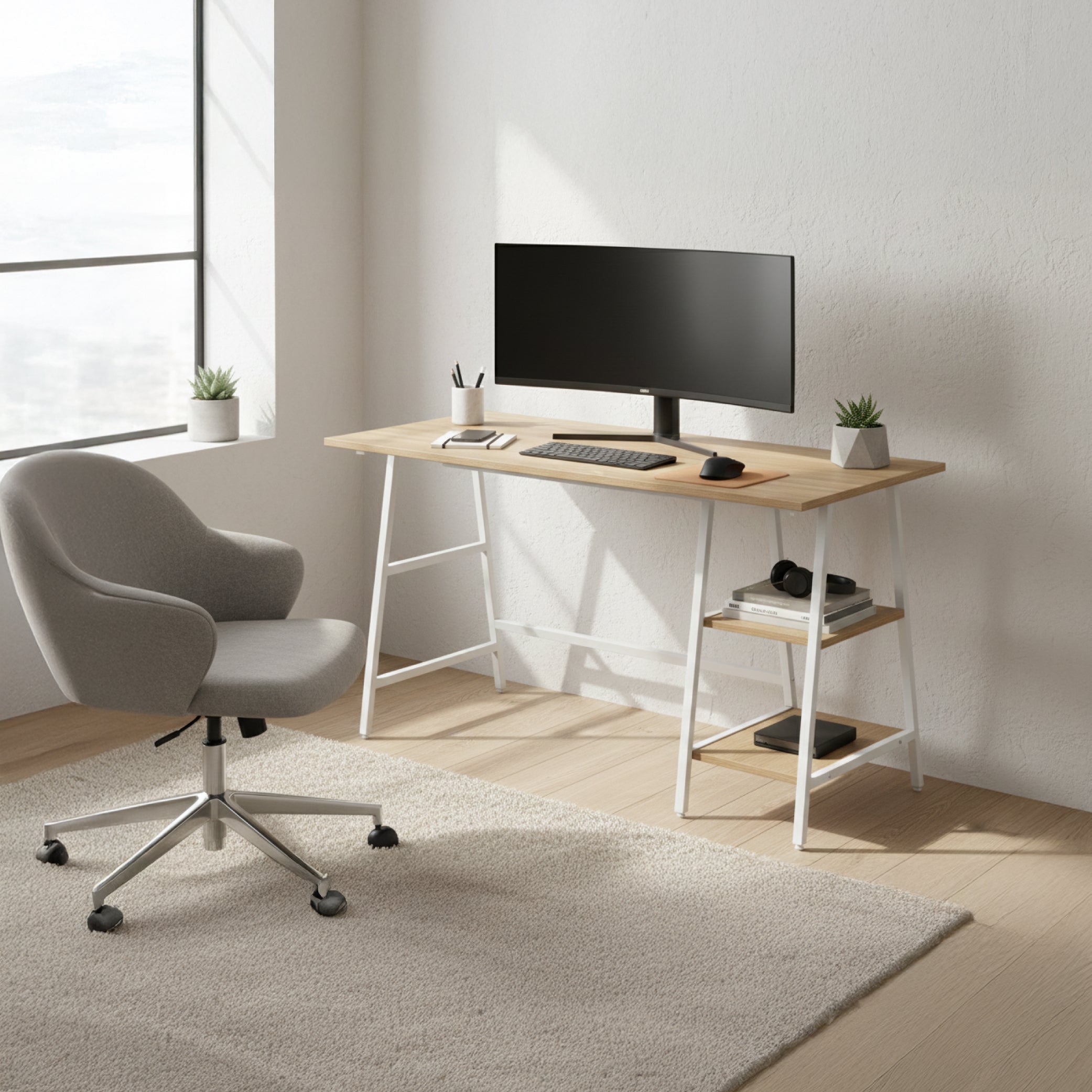 Offiho Escritorio de Oficina para Home Office con Estructura Metálica y Almacenamiento, Modelo 2240183