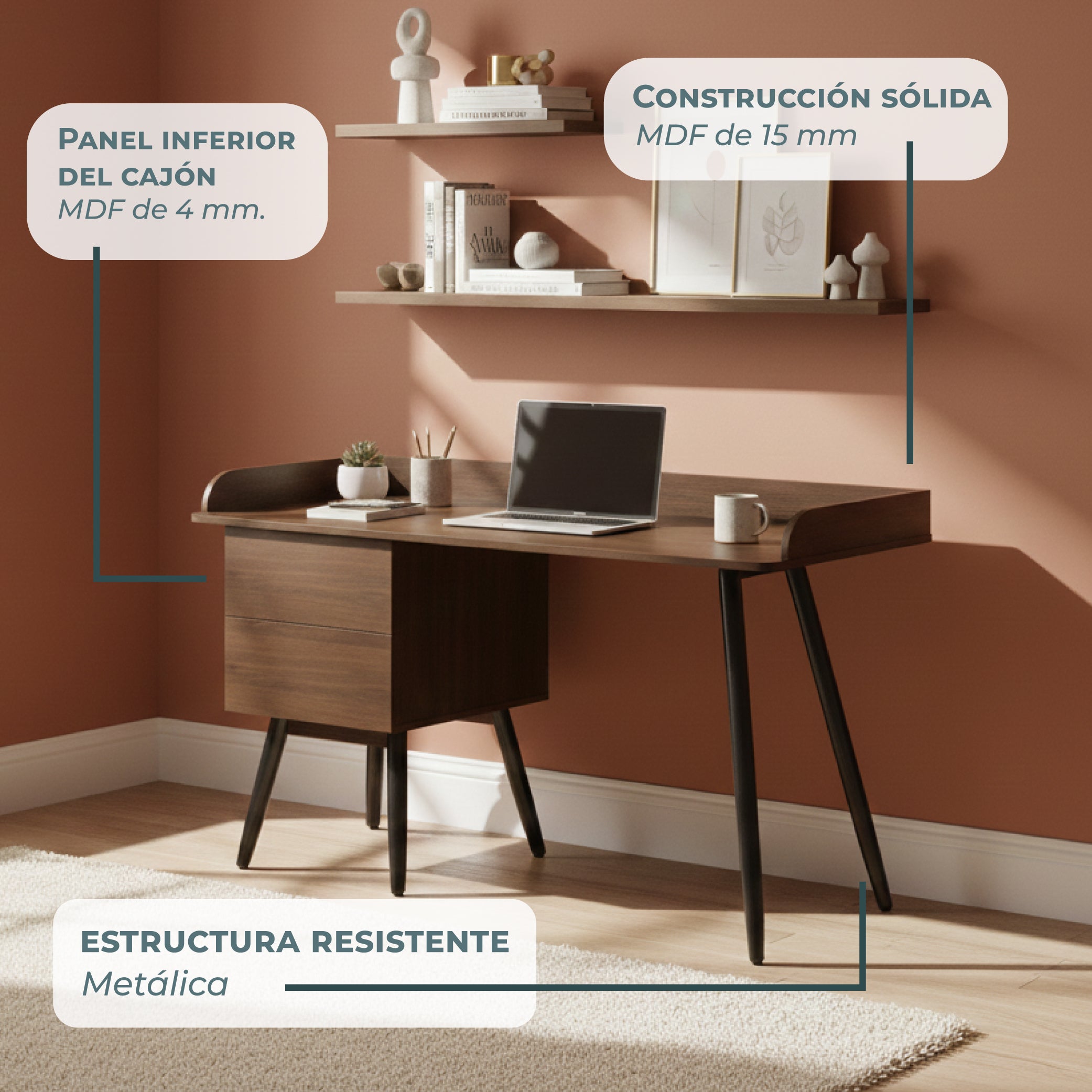 Offiho Escritorio de Oficina para Home Office con Estructura Metálica y Cajones, Modelo 2240186