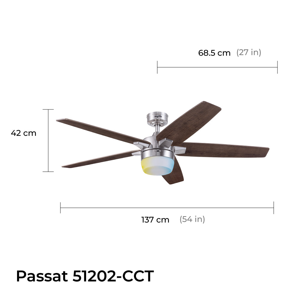 Coolfan Ventilador de Techo de 54" con Luz LED y 5 Aspas de Madera Reversibles con Control Remoto, Modelo Passat 51202-CCT