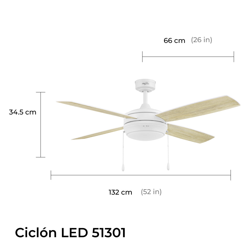 Coolfan Ventilador de Techo de 52" con Luz LED y 4 Aspas Reversibles de Madera con Control Remoto, Modelo Ciclon  CCT