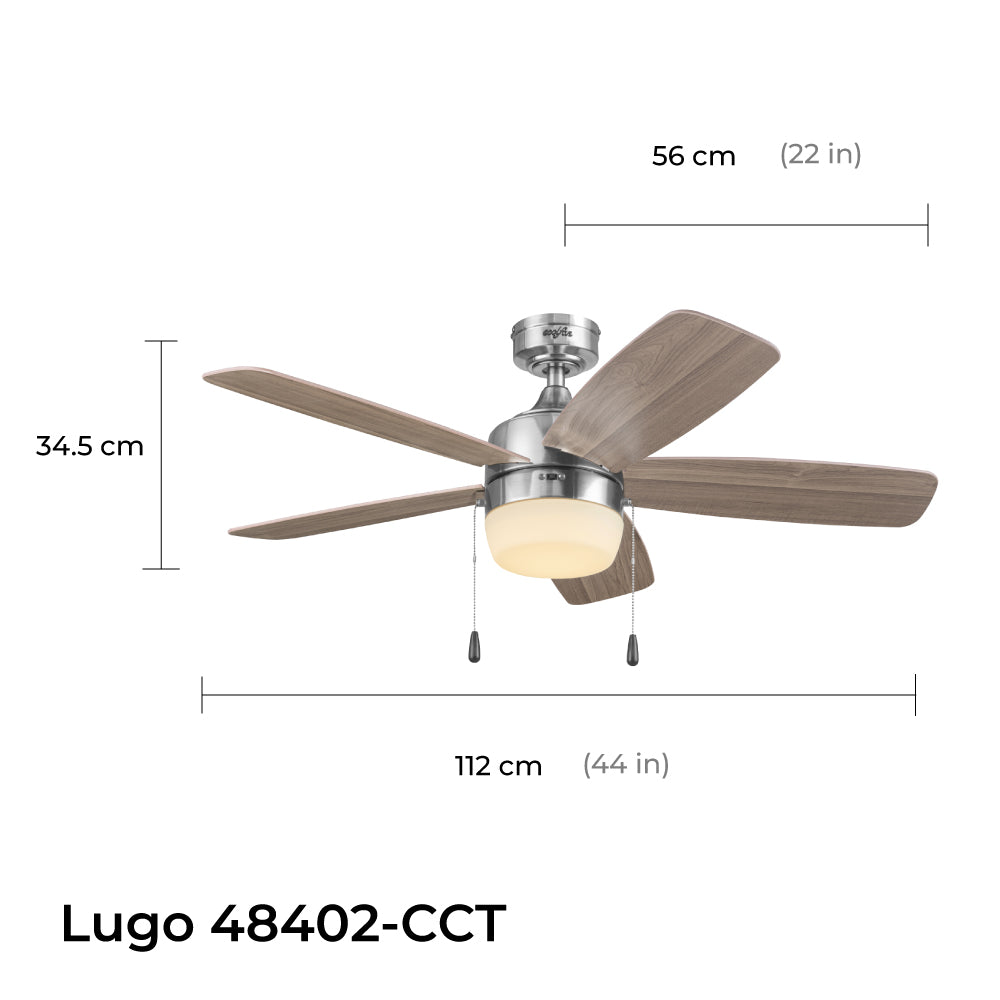 Coolfan Ventilador de Techo de 44" con Luz LED y 5 Aspas Reversibles de Madera con Control de Cadena, Modelo Lugo CCT