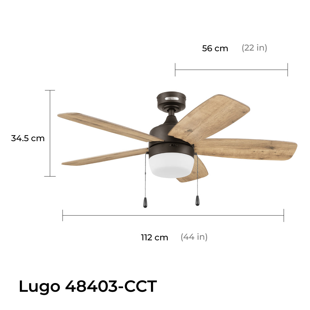 Coolfan Ventilador de Techo de 44" con Luz LED y 5 Aspas Reversibles de Madera con Control de Cadena, Modelo Lugo CCT