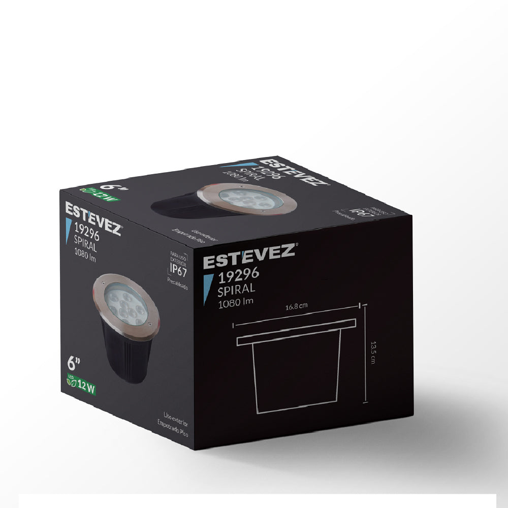 Estevez Lámpara LED de 12W Luz Cálida 3000K, Apta para Exteriores, Empotrar Piso, Modelo 19296