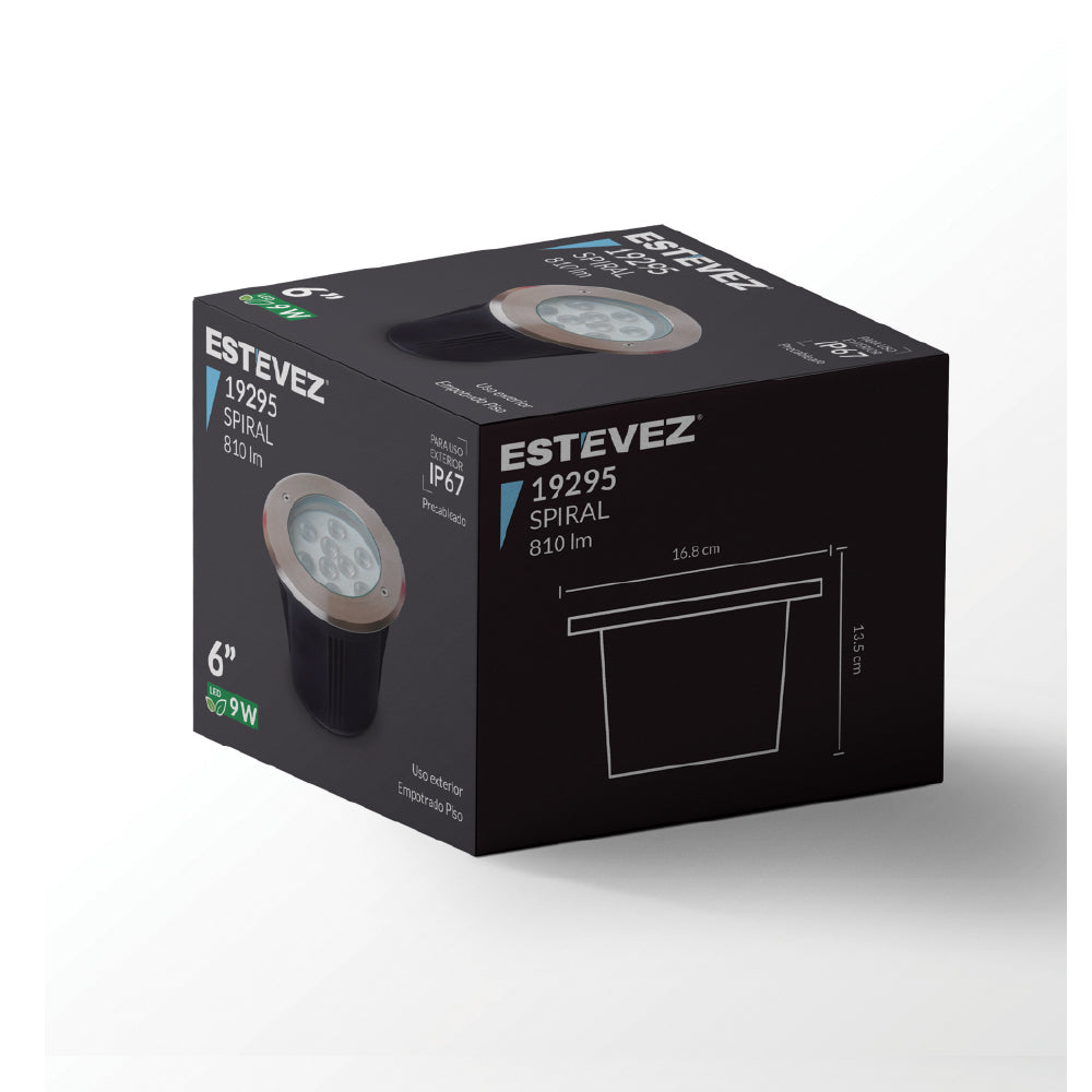 Estevez Lámpara LED de 9W Luz Cálida 3000K, Apta para Exteriores, Empotrar Piso, Modelo 19295