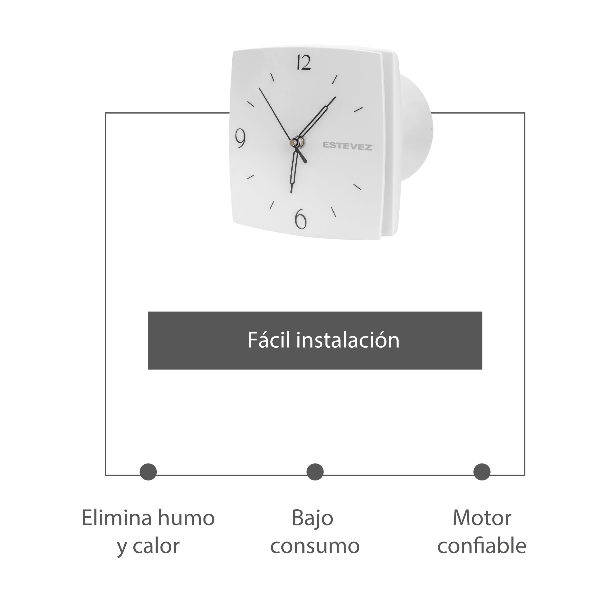 Estevez Extractor de Aire Con Reloj 4 ", Baño / Cocina, Pared, Modelo 3804