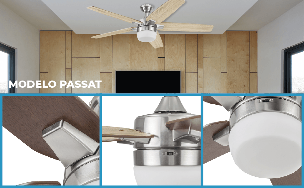 Coolfan Ventilador de Techo de 54" con Luz LED y 5 Aspas de Madera Reversibles con Control Remoto, Modelo Passat 51202-CCT - LuzDeco